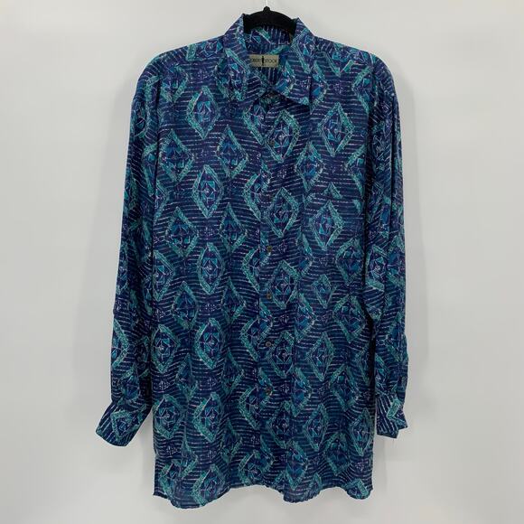 Vintage Robert Stock Mens L Button Down Shirt 100% Silk Long Sleeve Abstract - Picture 1 of 12